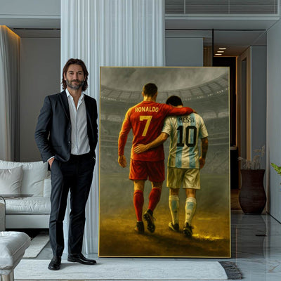 ragazzo mostra quadro moderno cristiano ronaldo messi abbraccio stadio calcio champions league